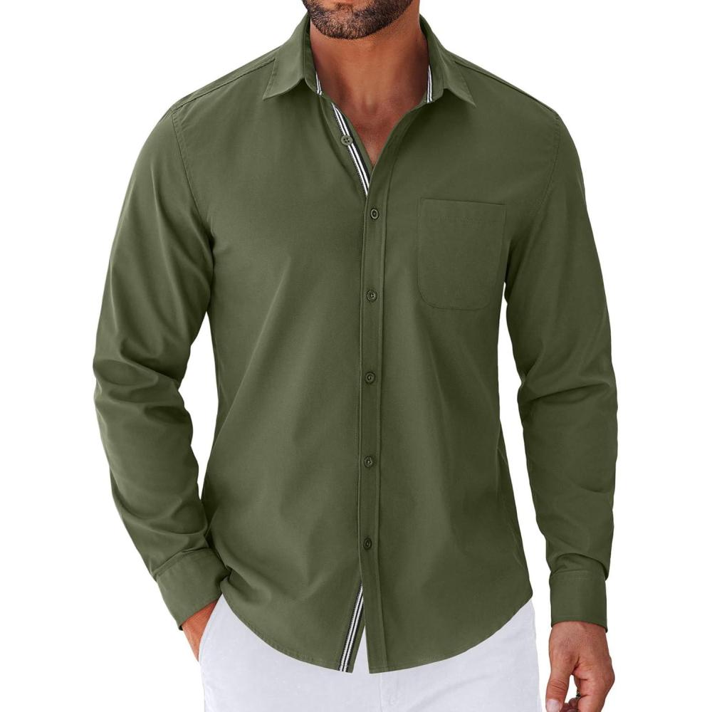 imageCOOFANDY Mens Long Sleeve Wrinkle Free Shirts Stretch Dress Shirts Regular Fit Button Down ShirtArmy Green