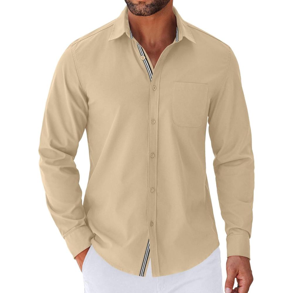 imageCOOFANDY Mens Long Sleeve Wrinkle Free Shirts Stretch Dress Shirts Regular Fit Button Down ShirtBeige