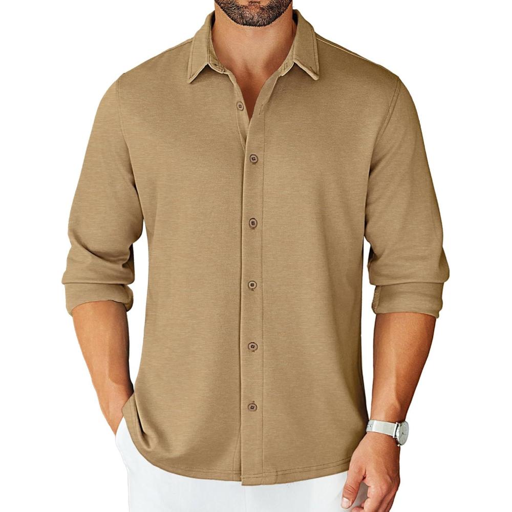 imageCOOFANDY Mens Long Sleeve Wrinkle Free Shirts Stretch Dress Shirts Regular Fit Button Down ShirtBrown
