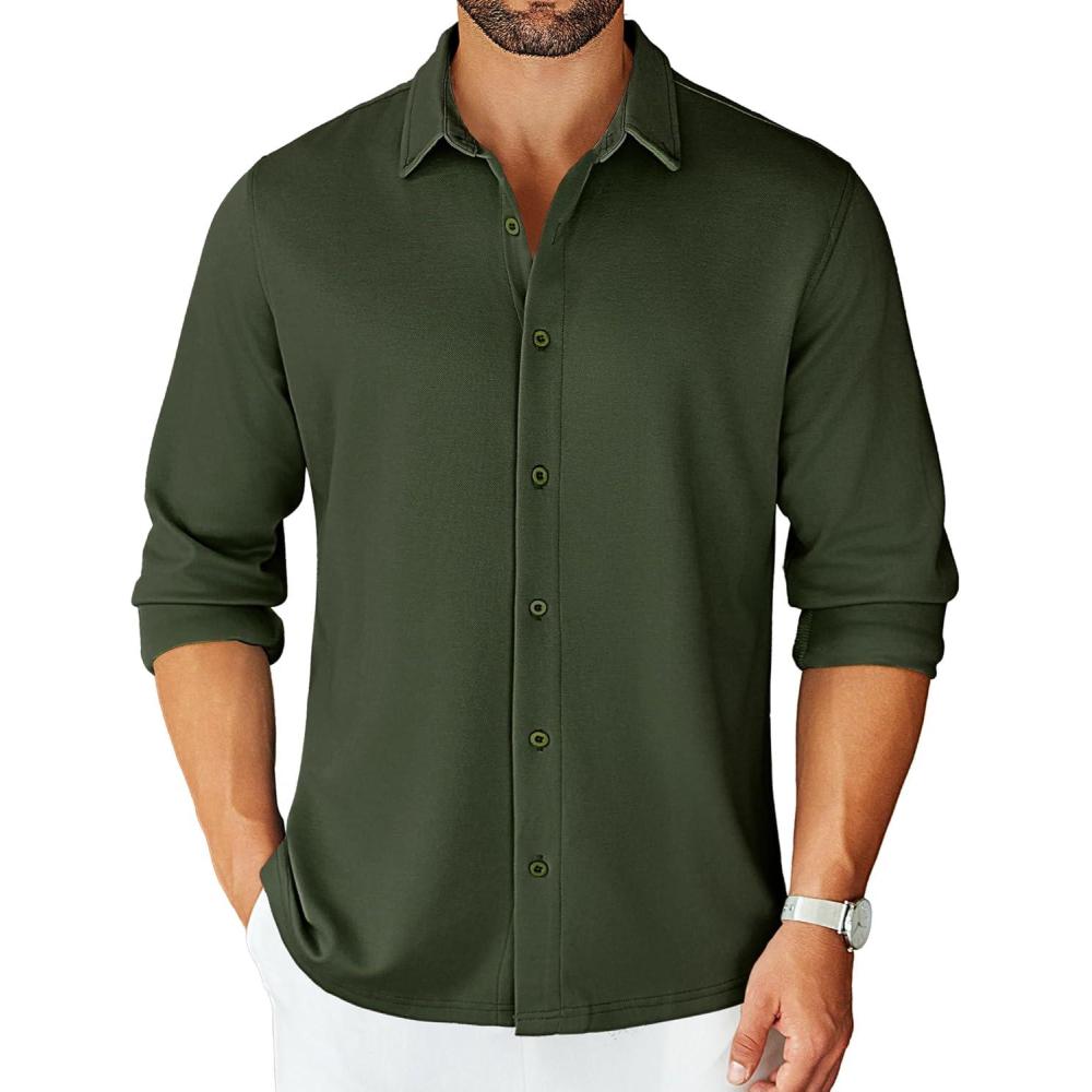 imageCOOFANDY Mens Long Sleeve Wrinkle Free Shirts Stretch Dress Shirts Regular Fit Button Down ShirtDark Green