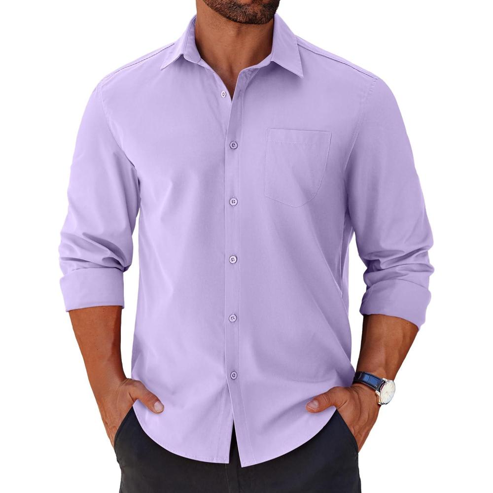 imageCOOFANDY Mens Long Sleeve Wrinkle Free Shirts Stretch Dress Shirts Regular Fit Button Down ShirtLavender