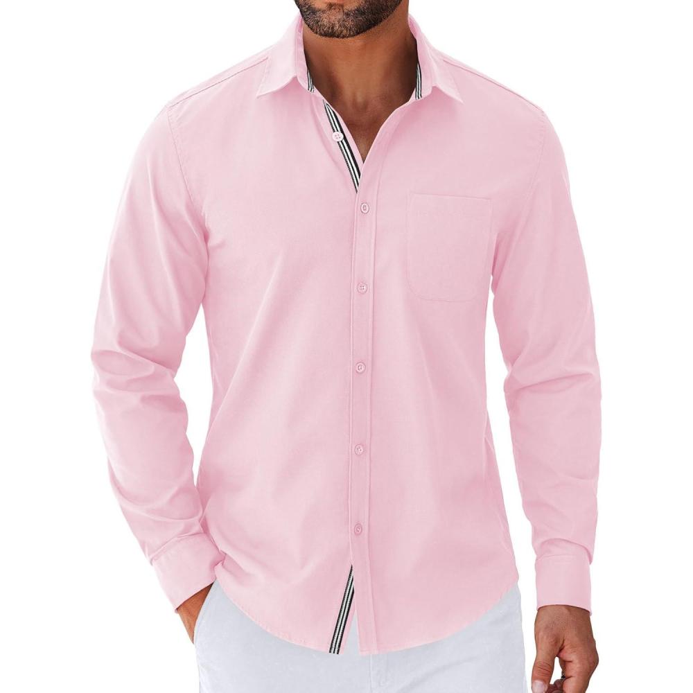 imageCOOFANDY Mens Long Sleeve Wrinkle Free Shirts Stretch Dress Shirts Regular Fit Button Down ShirtPink