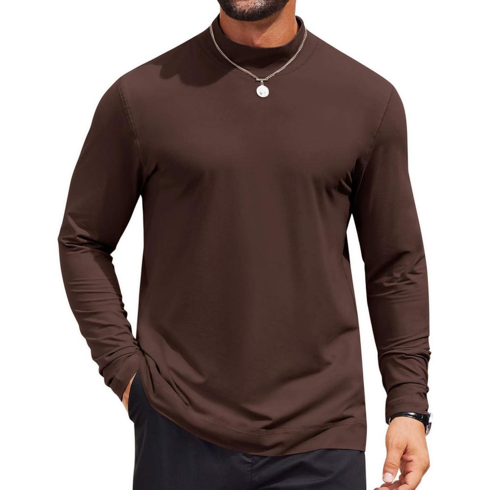 imageCOOFANDY Mens Mock Turtleneck Long Sleeve Shirts Casual Basic TShirt Lightweight Mockneck Pullover Sweater for MenBrown