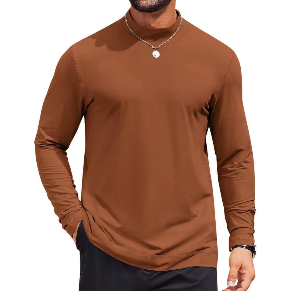 imageCOOFANDY Mens Mock Turtleneck Long Sleeve Shirts Casual Basic TShirt Lightweight Mockneck Pullover Sweater for MenLight Brown
