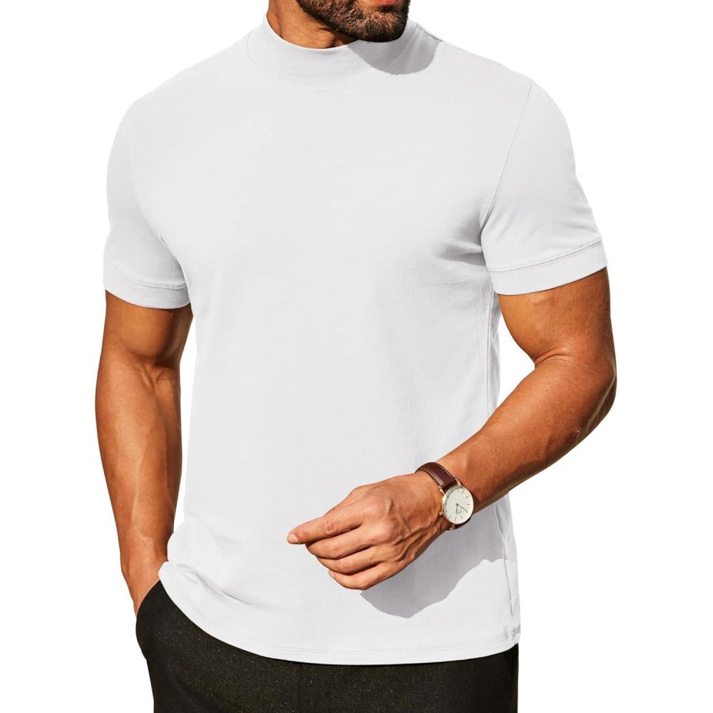 imageCOOFANDY Mens Mock Turtleneck Shirts Casual Premium Cotton Short Sleeve Shirt 2025 Basic Half Neck TShirtsAll White
