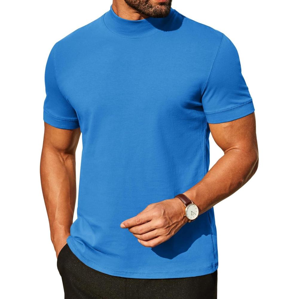 imageCOOFANDY Mens Mock Turtleneck Shirts Casual Premium Cotton Short Sleeve Shirt 2025 Basic Half Neck TShirtsBlue