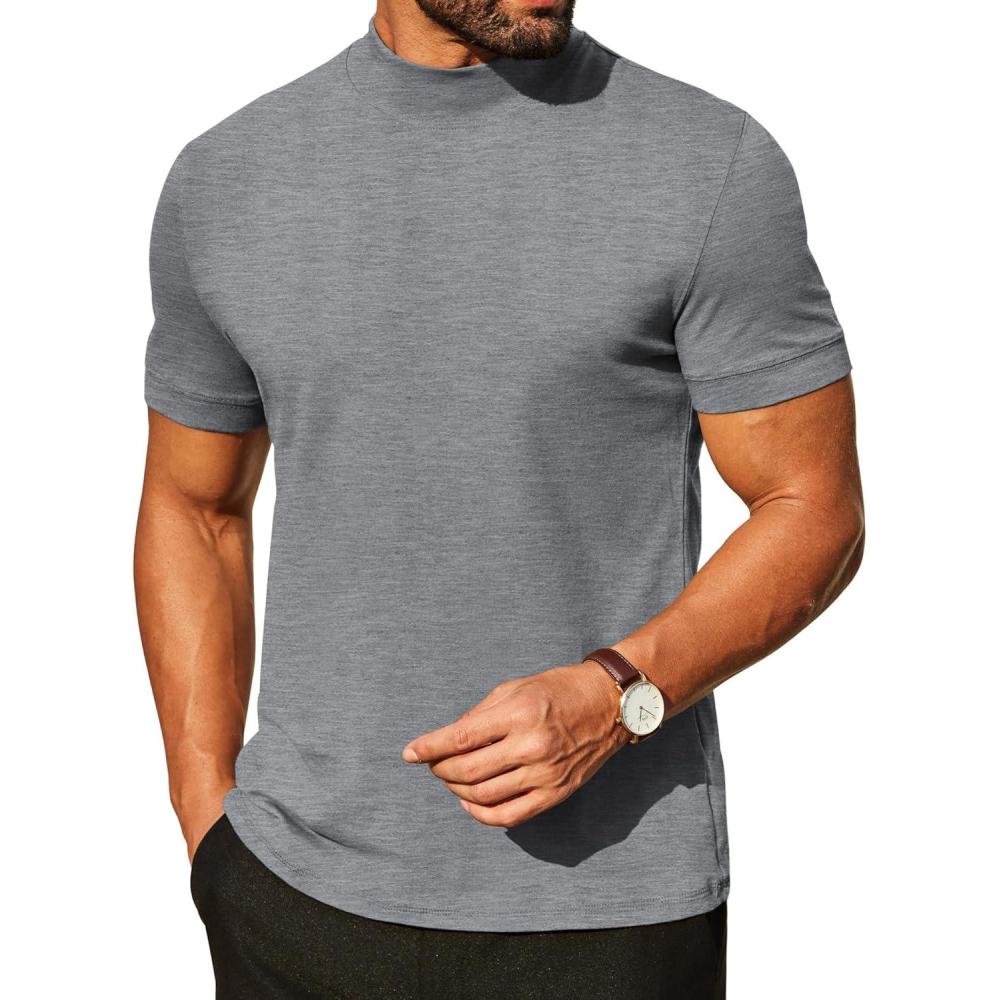 imageCOOFANDY Mens Mock Turtleneck Shirts Casual Premium Cotton Short Sleeve Shirt 2025 Basic Half Neck TShirtsGray
