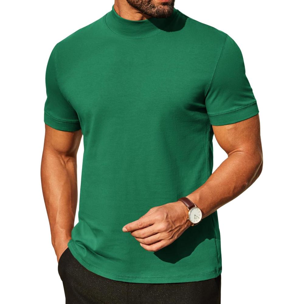 imageCOOFANDY Mens Mock Turtleneck Shirts Casual Premium Cotton Short Sleeve Shirt 2025 Basic Half Neck TShirtsGreen