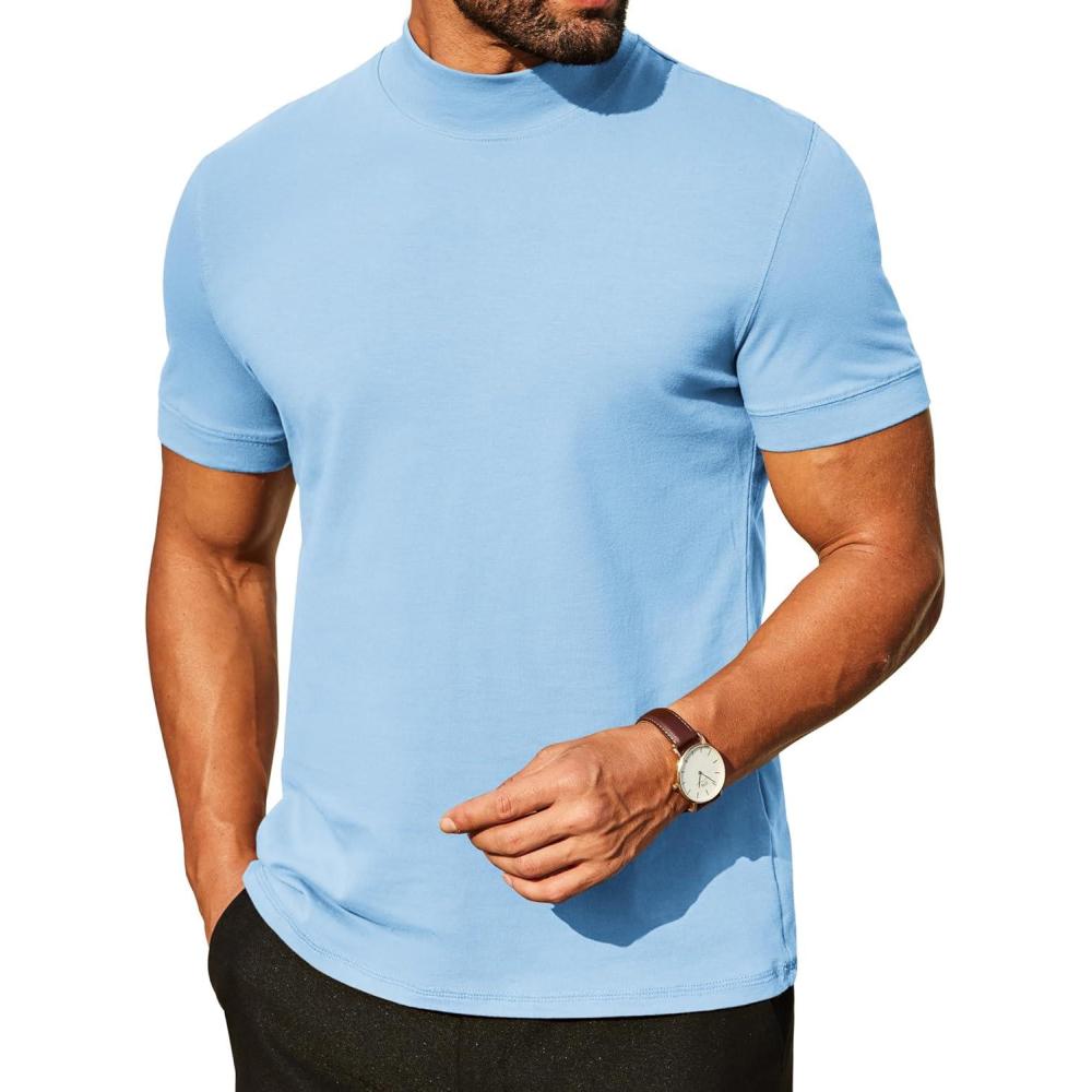 imageCOOFANDY Mens Mock Turtleneck Shirts Casual Premium Cotton Short Sleeve Shirt 2025 Basic Half Neck TShirtsLight Blue