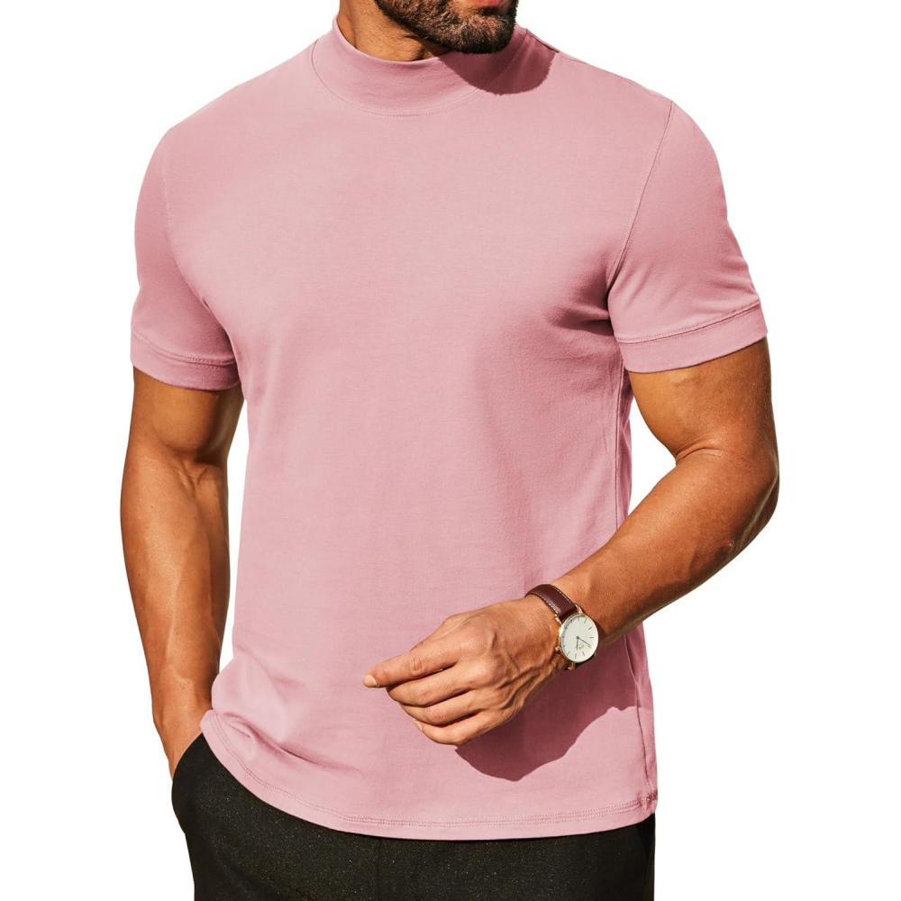 imageCOOFANDY Mens Mock Turtleneck Shirts Casual Premium Cotton Short Sleeve Shirt 2025 Basic Half Neck TShirtsPink