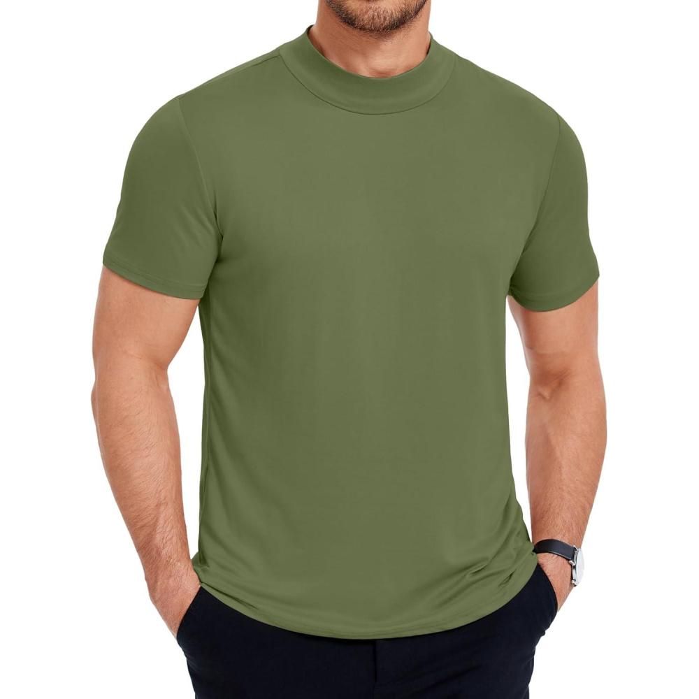 imageCOOFANDY Mens Mock Turtleneck Shirts Short Sleeve Casual Basic TShirts Ribbed Solid Pullover TopsArmy Green