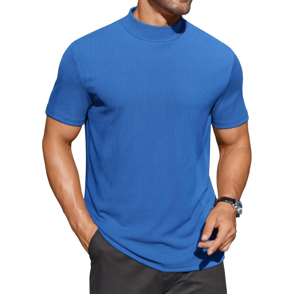 imageCOOFANDY Mens Mock Turtleneck Shirts Short Sleeve Casual Basic TShirts Ribbed Solid Pullover TopsBlue