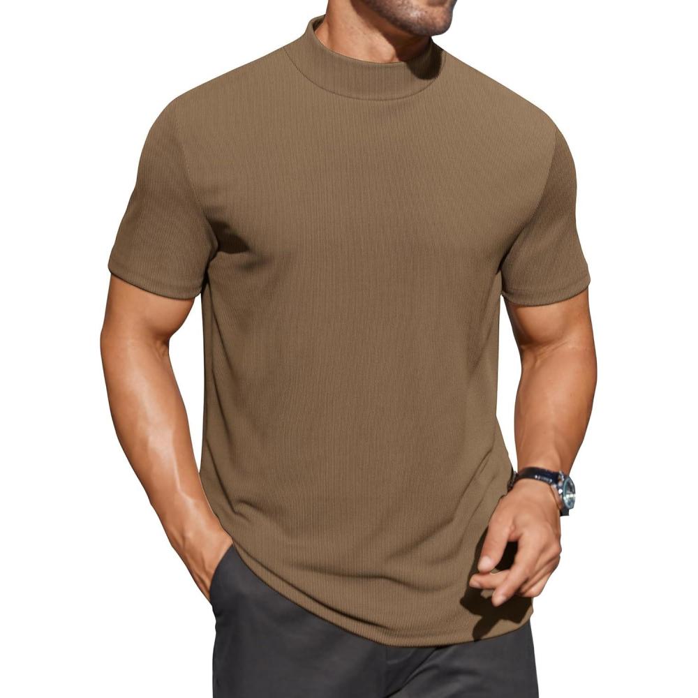 imageCOOFANDY Mens Mock Turtleneck Shirts Short Sleeve Casual Basic TShirts Ribbed Solid Pullover TopsBrown