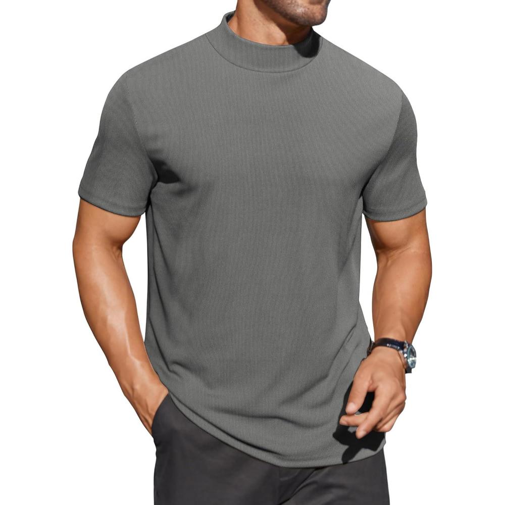 imageCOOFANDY Mens Mock Turtleneck Shirts Short Sleeve Casual Basic TShirts Ribbed Solid Pullover TopsDark Grey