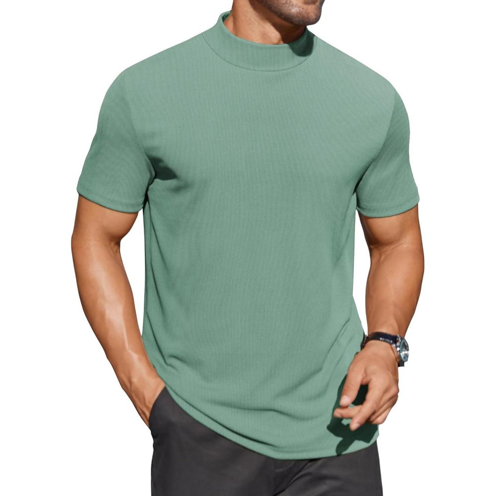 imageCOOFANDY Mens Mock Turtleneck Shirts Short Sleeve Casual Basic TShirts Ribbed Solid Pullover TopsGray Green
