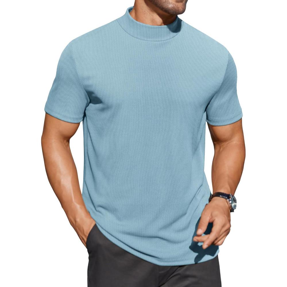 imageCOOFANDY Mens Mock Turtleneck Shirts Short Sleeve Casual Basic TShirts Ribbed Solid Pullover TopsGreenish Blue