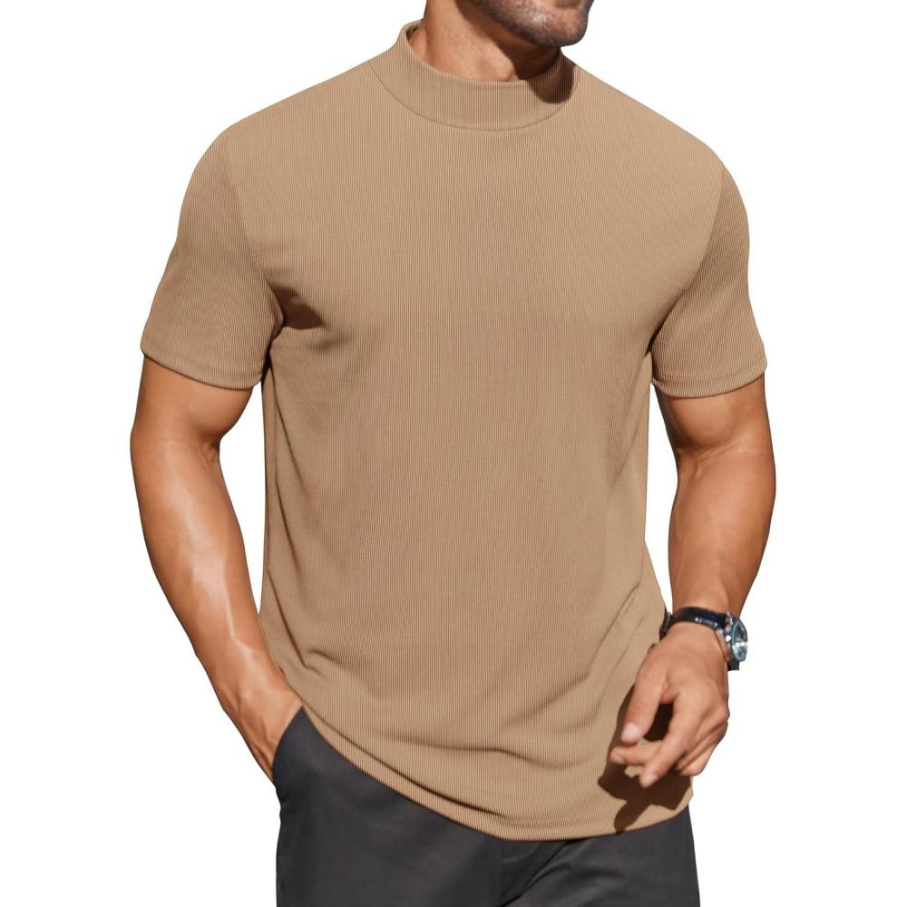 imageCOOFANDY Mens Mock Turtleneck Shirts Short Sleeve Casual Basic TShirts Ribbed Solid Pullover TopsKhaki