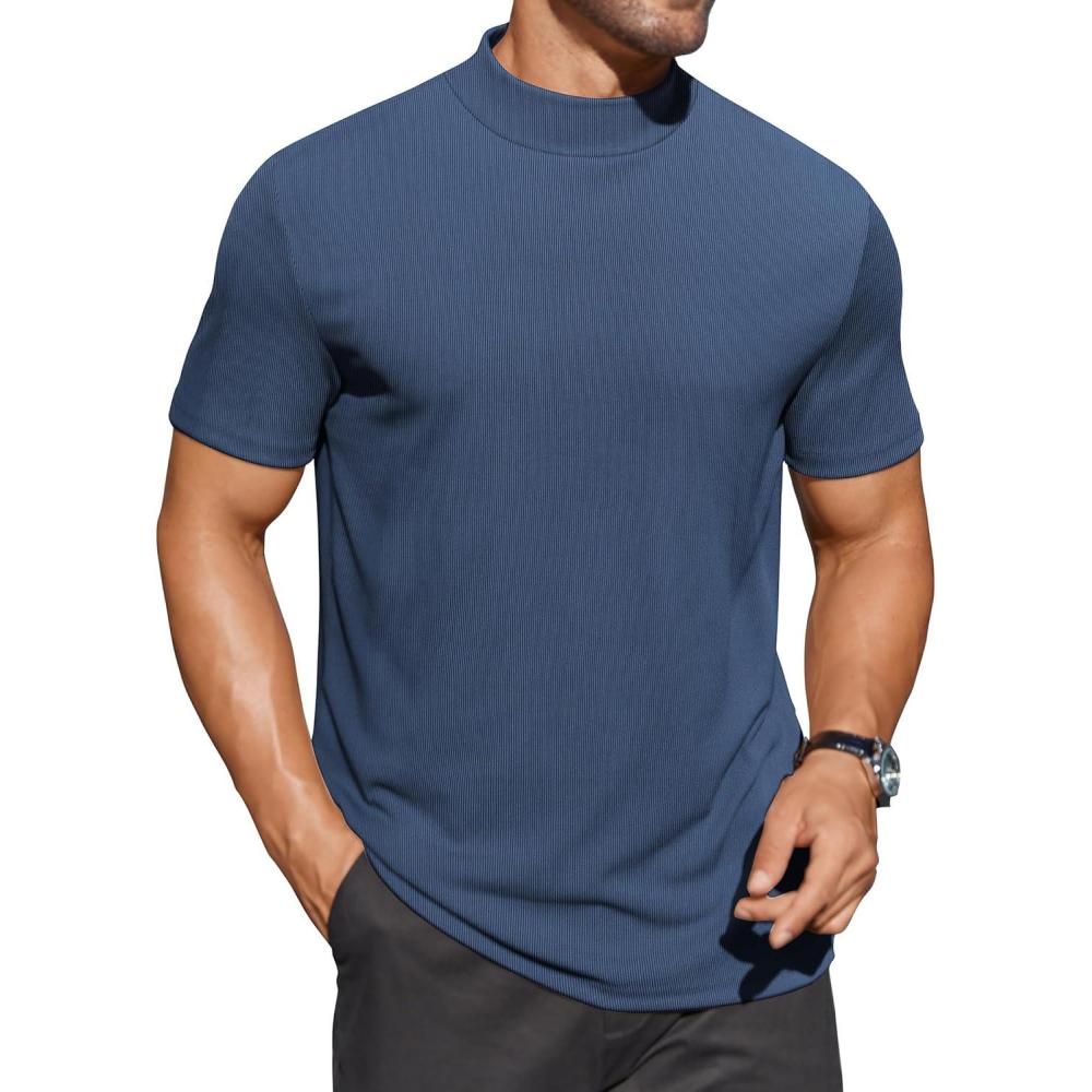imageCOOFANDY Mens Mock Turtleneck Shirts Short Sleeve Casual Basic TShirts Ribbed Solid Pullover TopsNavy Blue
