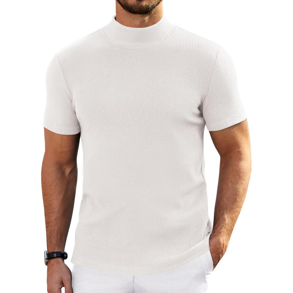 imageCOOFANDY Mens Mock Turtleneck Sweater Short Sleeve Turtle Neck Sweaters Casual Ribbed Knited Pullover Tops Solid Basic TeeAwhite