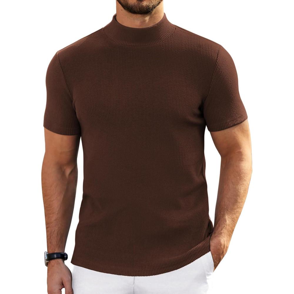 imageCOOFANDY Mens Mock Turtleneck Sweater Short Sleeve Turtle Neck Sweaters Casual Ribbed Knited Pullover Tops Solid Basic TeeBrown