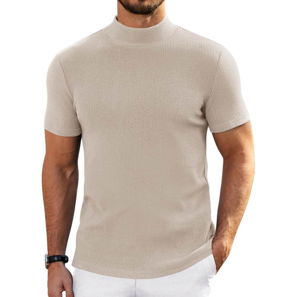 imageCOOFANDY Mens Mock Turtleneck Sweater Short Sleeve Turtle Neck Sweaters Casual Ribbed Knited Pullover Tops Solid Basic TeeCream
