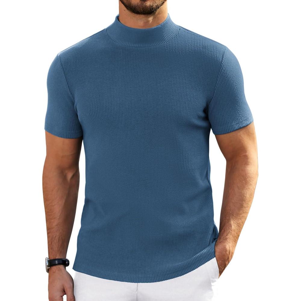 imageCOOFANDY Mens Mock Turtleneck Sweater Short Sleeve Turtle Neck Sweaters Casual Ribbed Knited Pullover Tops Solid Basic TeeDark Blue