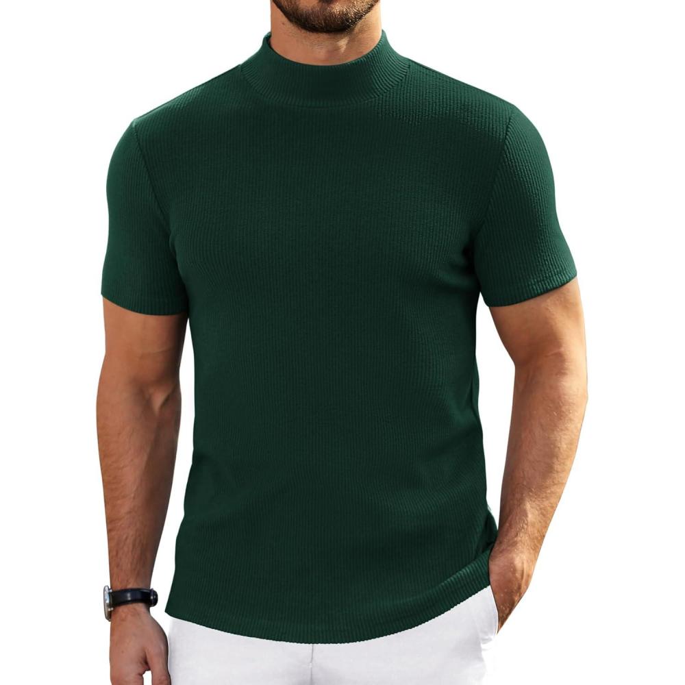 imageCOOFANDY Mens Mock Turtleneck Sweater Short Sleeve Turtle Neck Sweaters Casual Ribbed Knited Pullover Tops Solid Basic TeeGreen