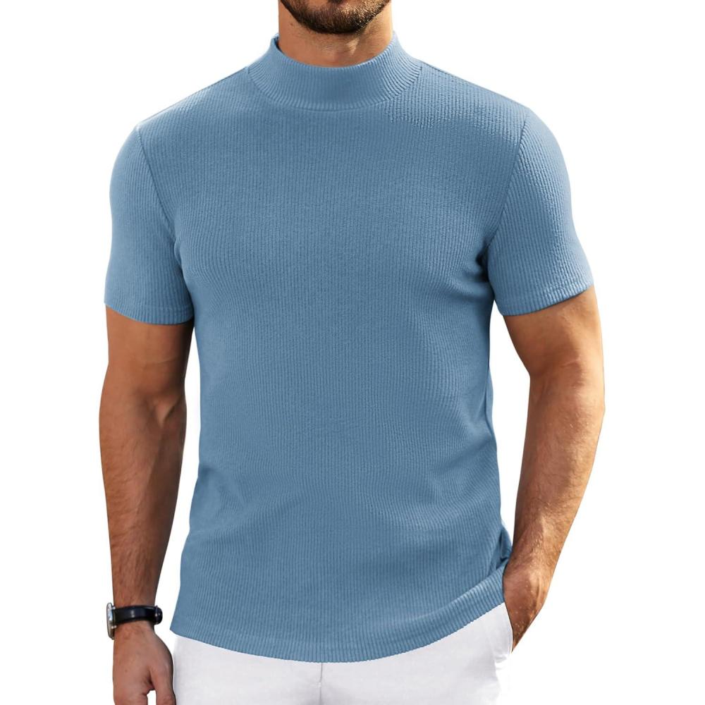 imageCOOFANDY Mens Mock Turtleneck Sweater Short Sleeve Turtle Neck Sweaters Casual Ribbed Knited Pullover Tops Solid Basic TeeLight Blue