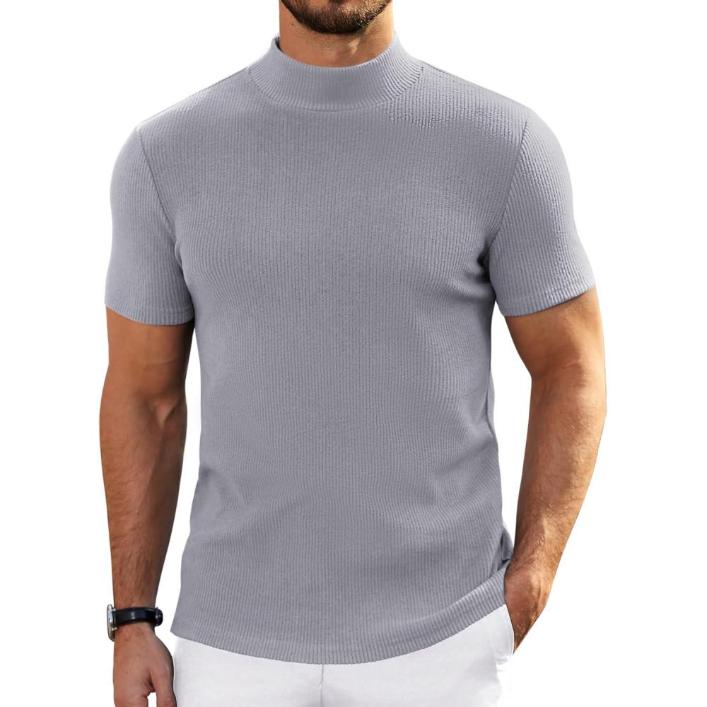 imageCOOFANDY Mens Mock Turtleneck Sweater Short Sleeve Turtle Neck Sweaters Casual Ribbed Knited Pullover Tops Solid Basic TeeLight Grey