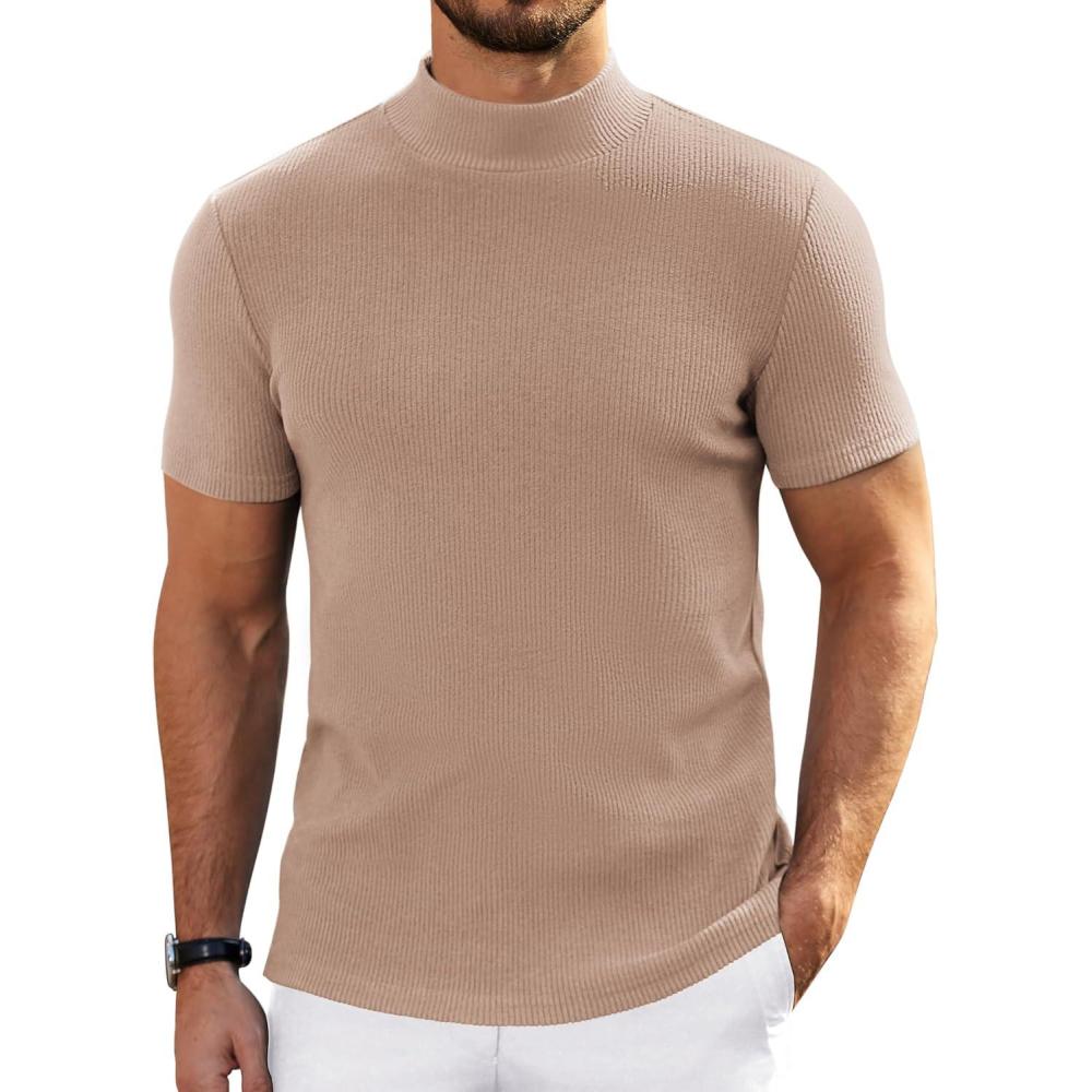 imageCOOFANDY Mens Mock Turtleneck Sweater Short Sleeve Turtle Neck Sweaters Casual Ribbed Knited Pullover Tops Solid Basic TeeLight Khaki