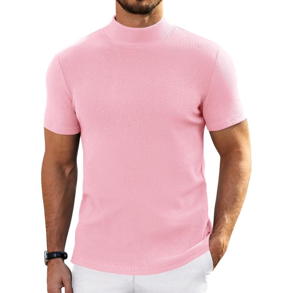 imageCOOFANDY Mens Mock Turtleneck Sweater Short Sleeve Turtle Neck Sweaters Casual Ribbed Knited Pullover Tops Solid Basic TeePink