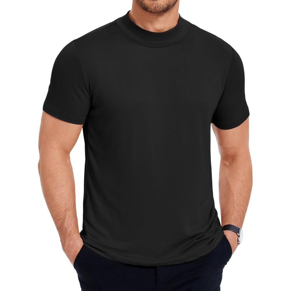 imageCOOFANDY Mens Mock Turtleneck T Shirt Short Sleeve Slim Fit Basic Casual Undershirt Solid Color Pullover TeeAblack
