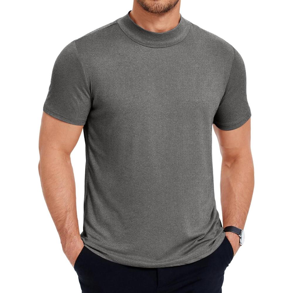 imageCOOFANDY Mens Mock Turtleneck T Shirt Short Sleeve Slim Fit Basic Casual Undershirt Solid Color Pullover TeeAdark Grey
