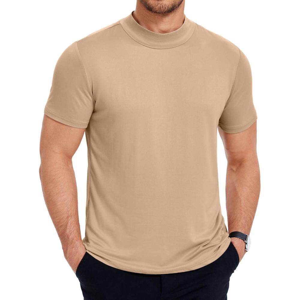 imageCOOFANDY Mens Mock Turtleneck T Shirt Short Sleeve Slim Fit Basic Casual Undershirt Solid Color Pullover TeeAkhaki