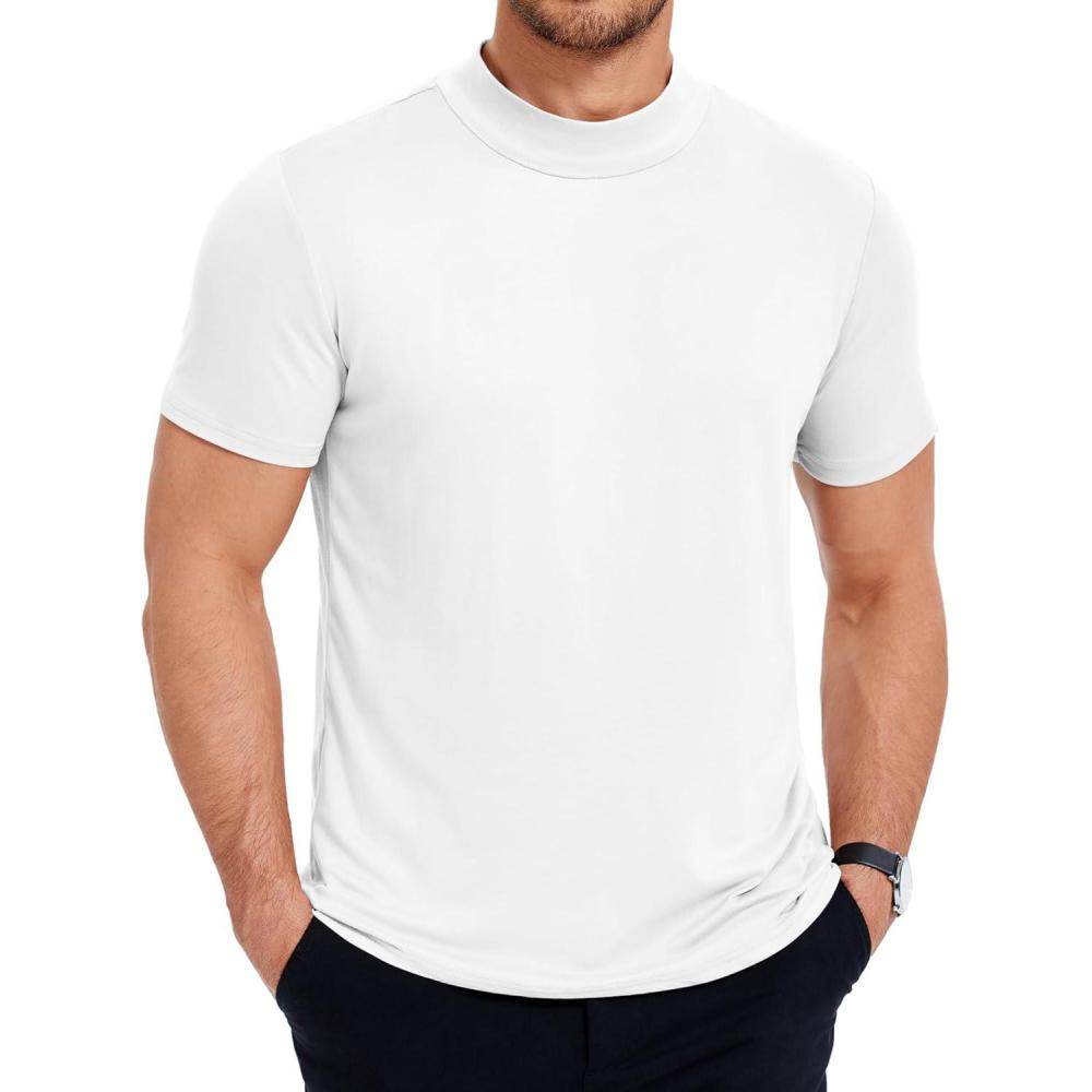 imageCOOFANDY Mens Mock Turtleneck T Shirt Short Sleeve Slim Fit Basic Casual Undershirt Solid Color Pullover TeeAwhite