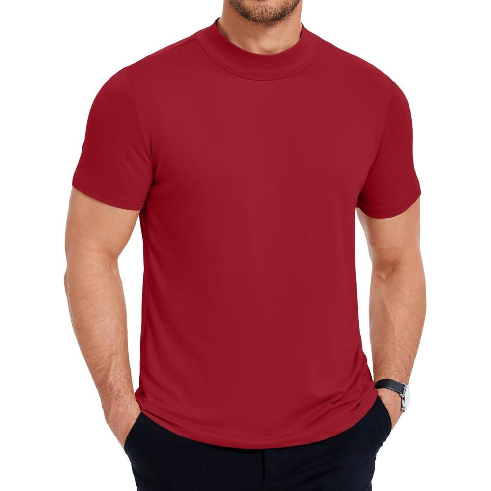 imageCOOFANDY Mens Mock Turtleneck T Shirt Short Sleeve Slim Fit Basic Casual Undershirt Solid Color Pullover TeeAwine Red