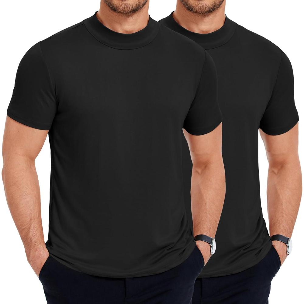 imageCOOFANDY Mens Mock Turtleneck T Shirt Short Sleeve Slim Fit Basic Casual Undershirt Solid Color Pullover TeeB2 Pack Black