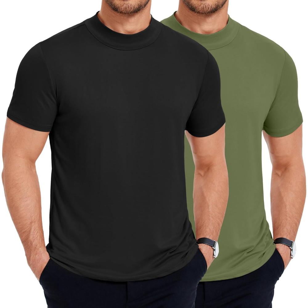 imageCOOFANDY Mens Mock Turtleneck T Shirt Short Sleeve Slim Fit Basic Casual Undershirt Solid Color Pullover TeeBblackArmy Green