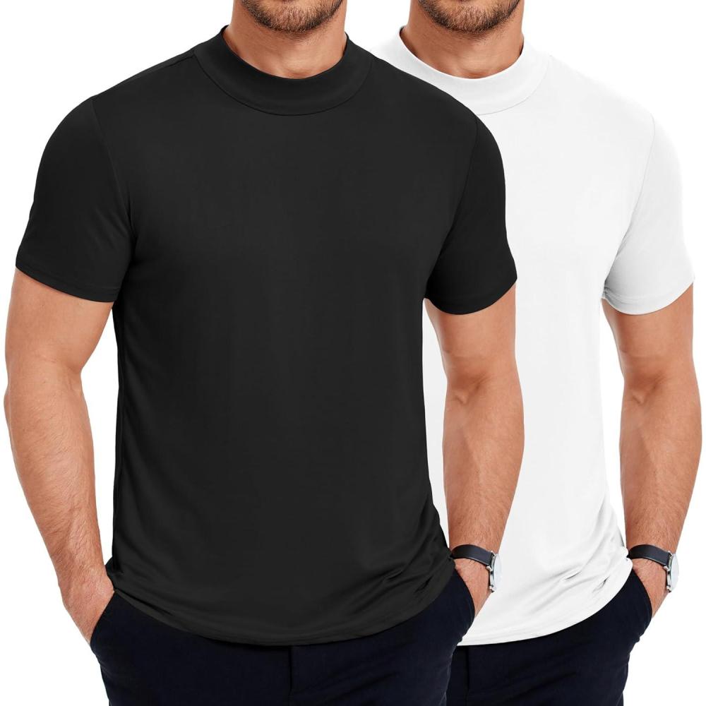 imageCOOFANDY Mens Mock Turtleneck T Shirt Short Sleeve Slim Fit Basic Casual Undershirt Solid Color Pullover TeeBblackWhite