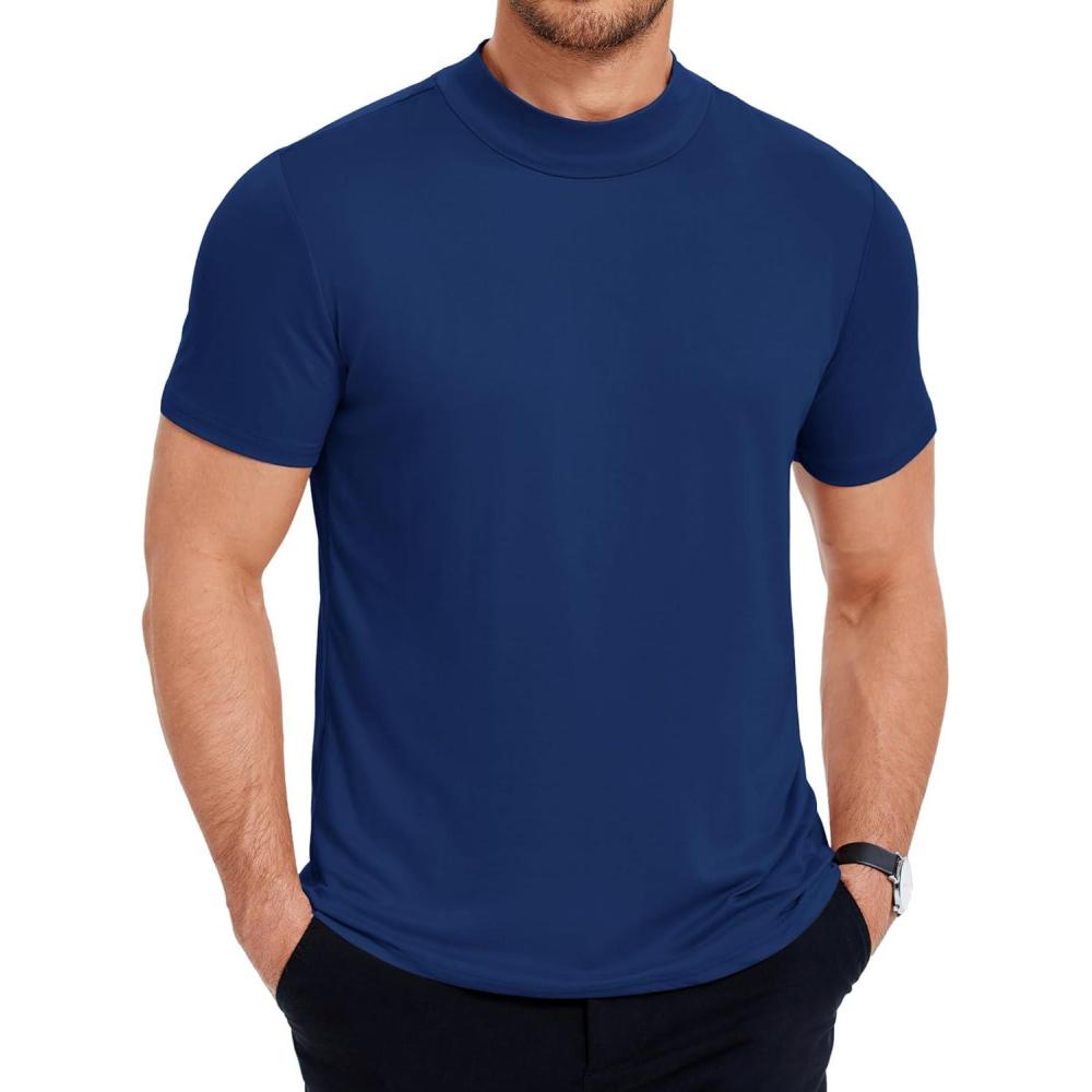 imageCOOFANDY Mens Mock Turtleneck T Shirt Short Sleeve Slim Fit Basic Casual Undershirt Solid Color Pullover TeeDark Blue