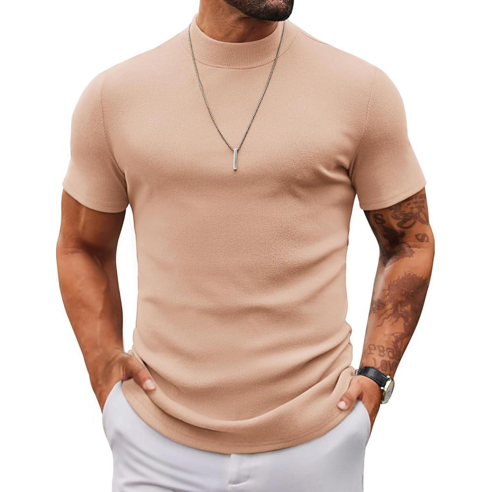 imageCOOFANDY Mens Mock Turtleneck T Shirt Short Sleeve Slim Fit Basic Casual Undershirt Solid Color Pullover TeeLight Khaki