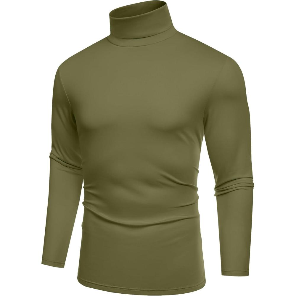 imageCOOFANDY Mens Mock Turtleneck TShirts Long Sleeve Solid Color Tees Shirts Basic Casual Slim Fit Pullover T Shirts1 Pack Army Green