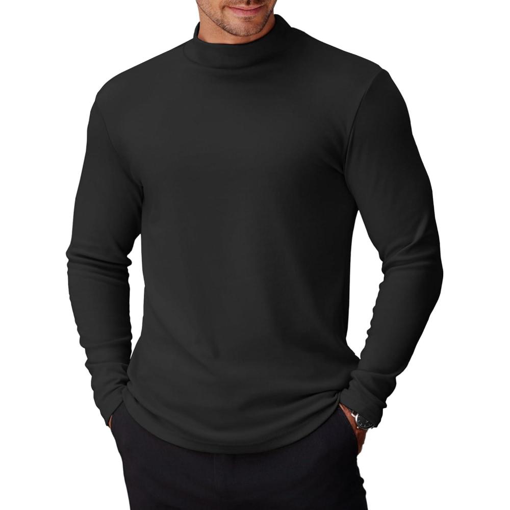 imageCOOFANDY Mens Mock Turtleneck TShirts Long Sleeve Solid Color Tees Shirts Basic Casual Slim Fit Pullover T ShirtsAblack