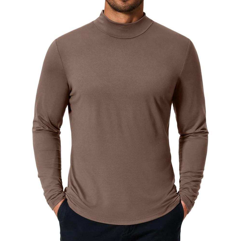 imageCOOFANDY Mens Mock Turtleneck TShirts Long Sleeve Solid Color Tees Shirts Basic Casual Slim Fit Pullover T ShirtsBrown