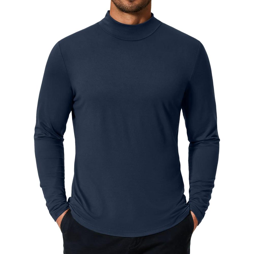 imageCOOFANDY Mens Mock Turtleneck TShirts Long Sleeve Solid Color Tees Shirts Basic Casual Slim Fit Pullover T ShirtsDark Blue