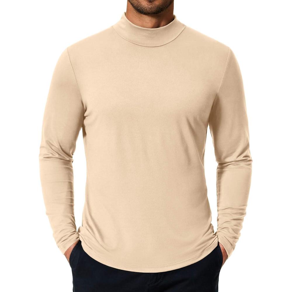 imageCOOFANDY Mens Mock Turtleneck TShirts Long Sleeve Solid Color Tees Shirts Basic Casual Slim Fit Pullover T ShirtsLight Khaki
