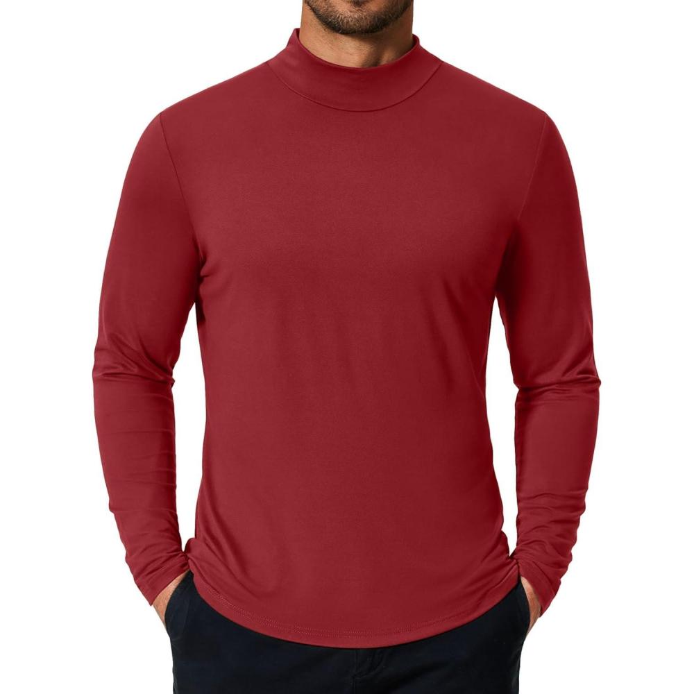 imageCOOFANDY Mens Mock Turtleneck TShirts Long Sleeve Solid Color Tees Shirts Basic Casual Slim Fit Pullover T ShirtsRed