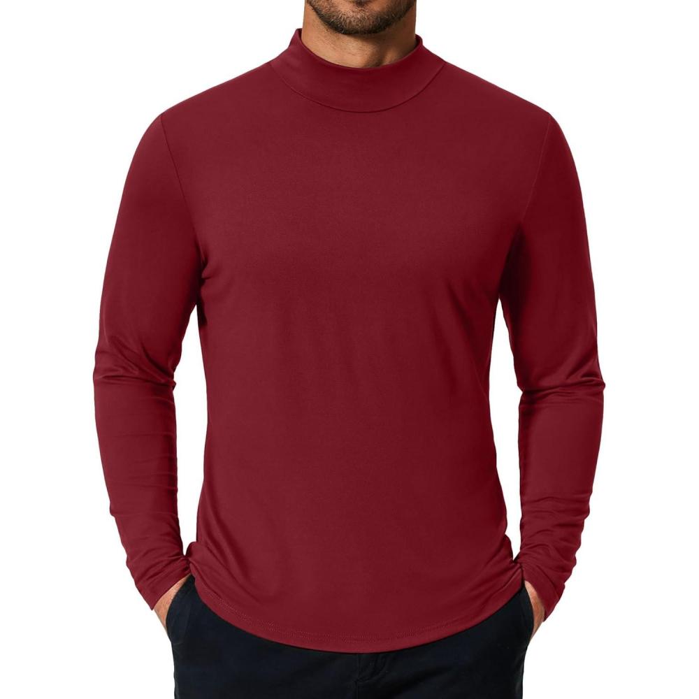 imageCOOFANDY Mens Mock Turtleneck TShirts Long Sleeve Solid Color Tees Shirts Basic Casual Slim Fit Pullover T ShirtsWine Red