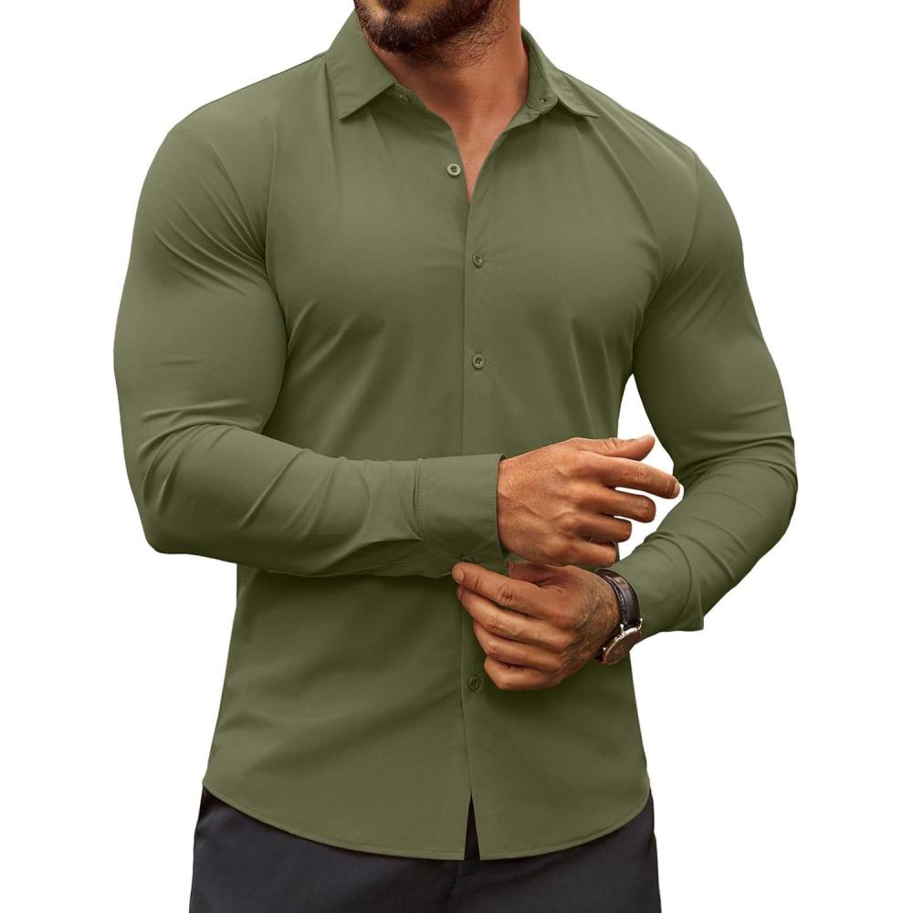 imageCOOFANDY Mens Muscle Fit Dress Shirts WrinkleFree Long Sleeve Casual Button Down ShirtsArmy Green
