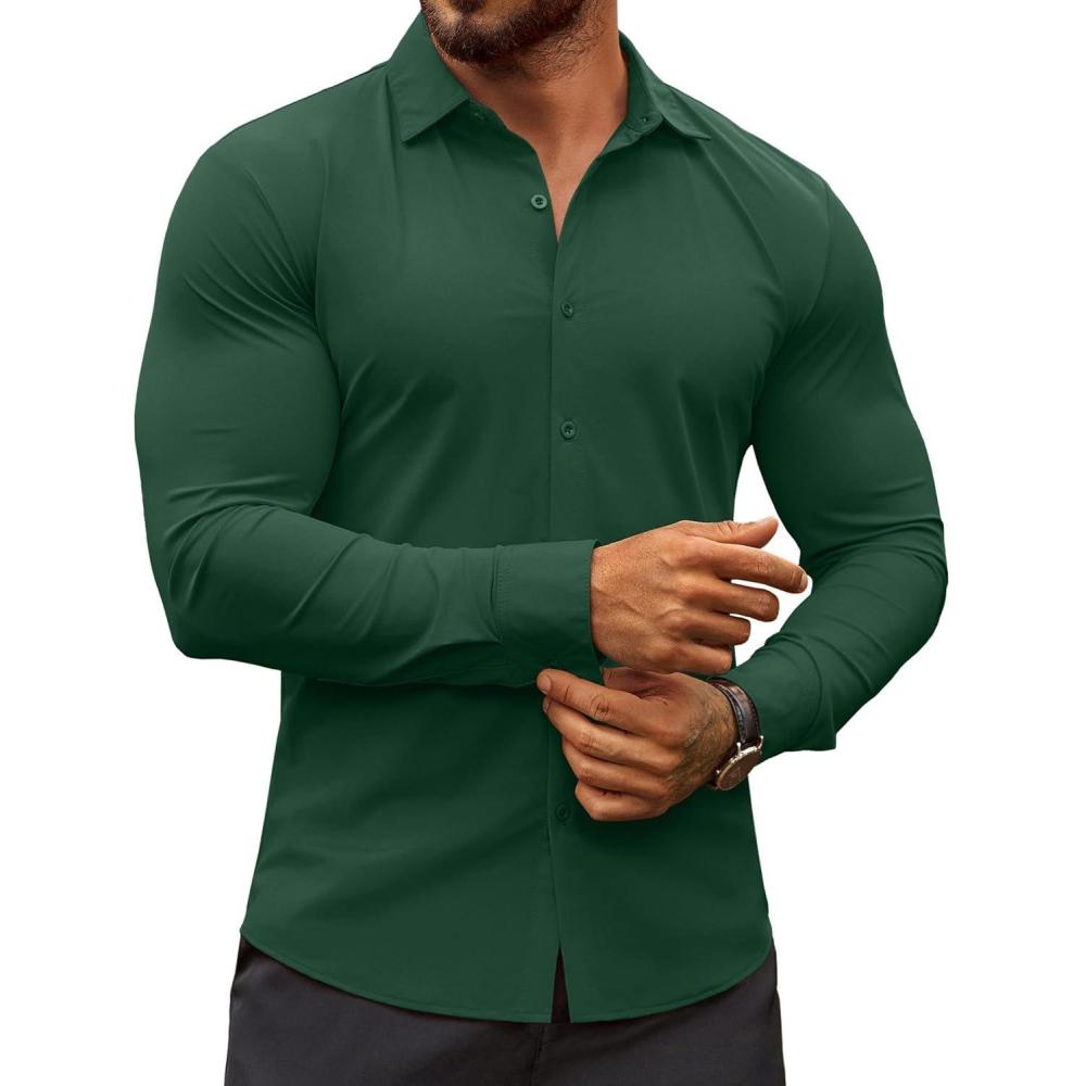 imageCOOFANDY Mens Muscle Fit Dress Shirts WrinkleFree Long Sleeve Casual Button Down ShirtsGreen